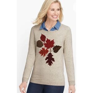 Talbots Leaf Motif Crewneck Sweater Oatmeal Size S